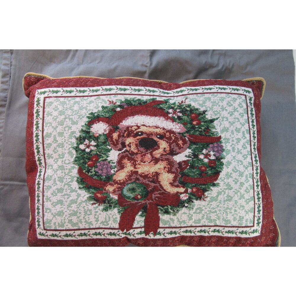 Christmas Puppy in Wreath White and Holly Background Accent Pillow Beige Back